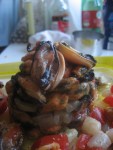 Torretta di Cozze con lardo appena salato e melanzane