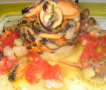 Torretta di Cozze con lardo appena salato e melanzane